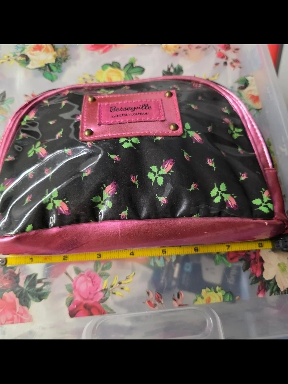 Betseyville by Betsey Johnson Black Floral Cosmetic Pouch with Hot Pink Trim